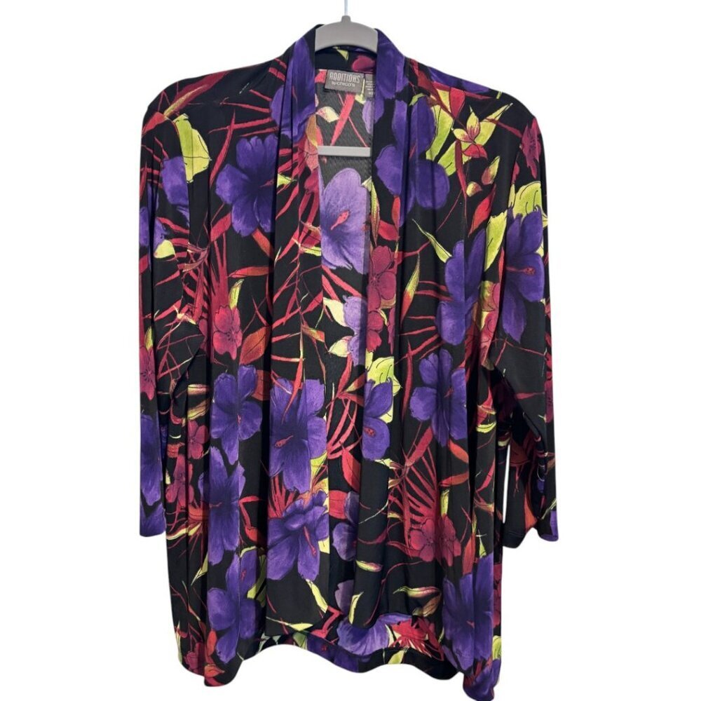 Chico's Additions Open Front Drape Long Sleeve Black Purple Floral Cardigan